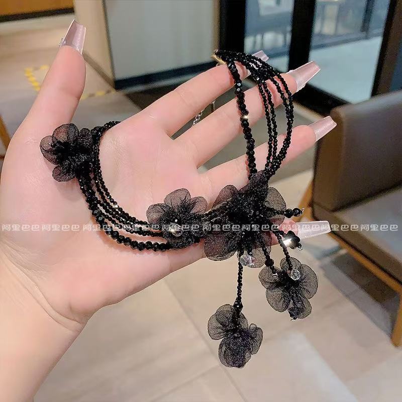 Multi-layer Tassel Clavicle Chain, Transparent Petal Sparkling Beaded Necklace