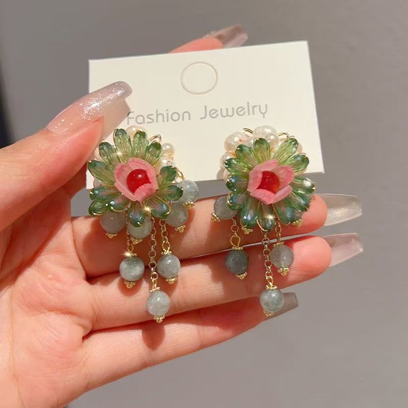 2024 New Vintage Floral Long Tassel Earrings, Face-Slimming Elegant Dangles