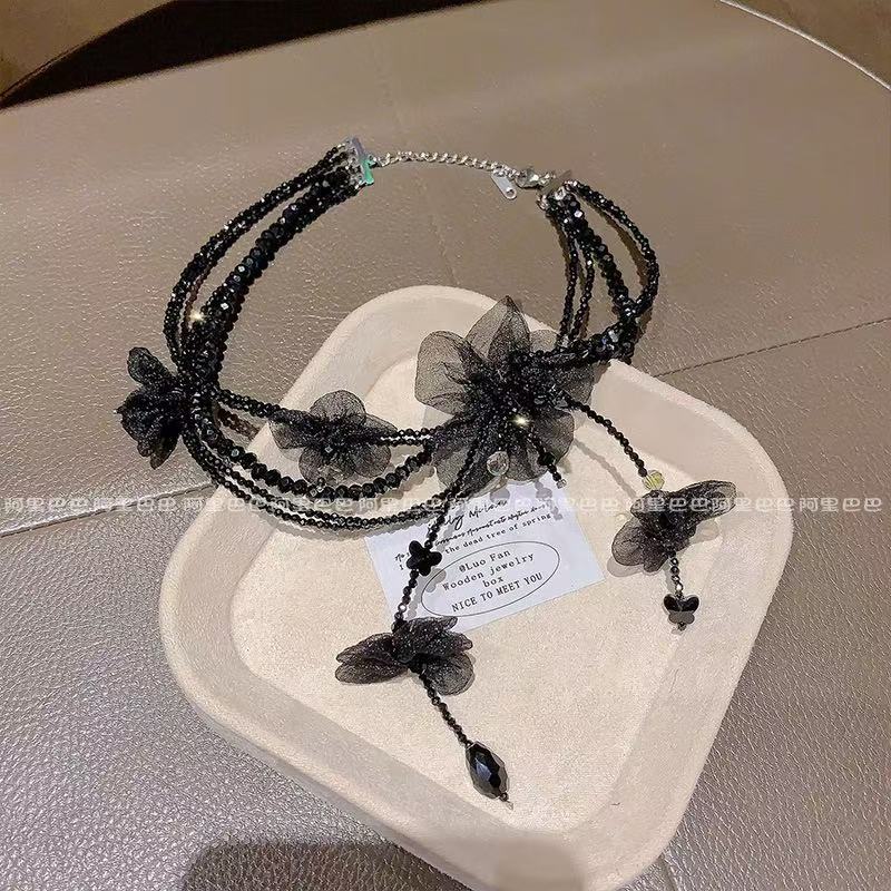 Multi-layer Tassel Clavicle Chain, Transparent Petal Sparkling Beaded Necklace