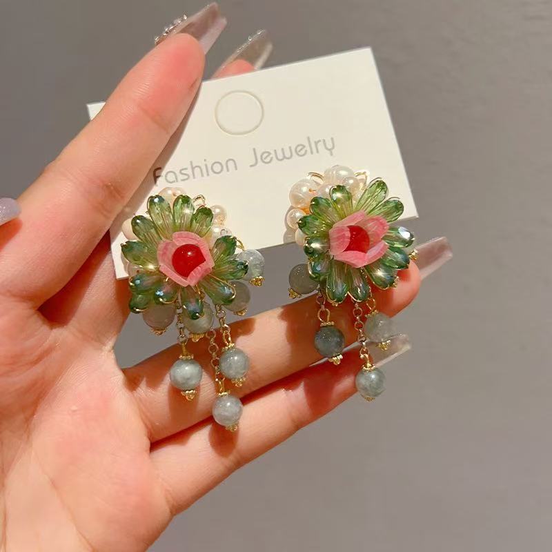 2024 New Vintage Floral Long Tassel Earrings, Face-Slimming Elegant Dangles