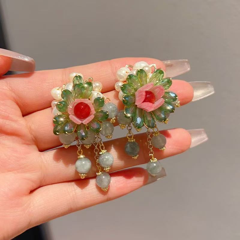 2024 New Vintage Floral Long Tassel Earrings, Face-Slimming Elegant Dangles