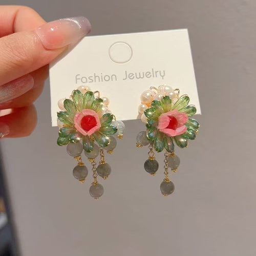 2024 New Vintage Floral Long Tassel Earrings, Face-Slimming Elegant Dangles