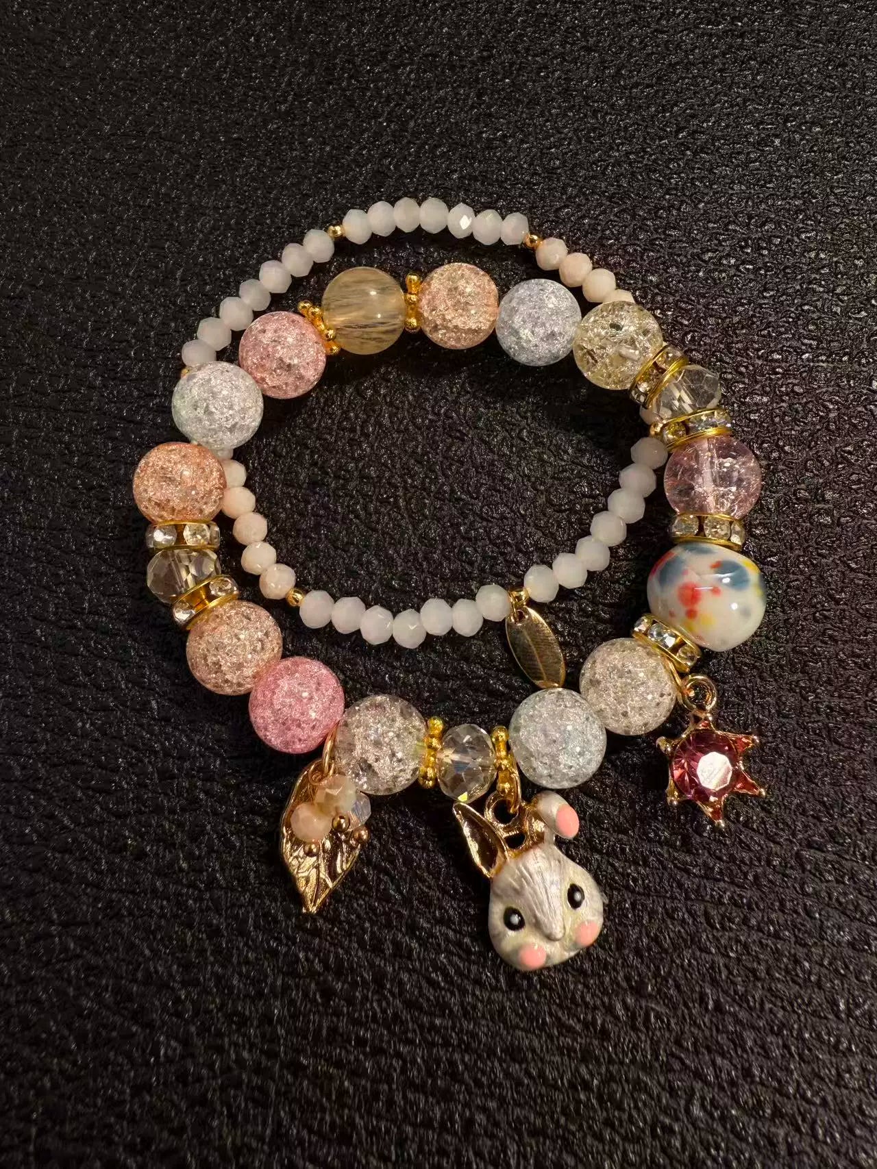 Pink Rabbit Double-Layer Beaded Bracelet