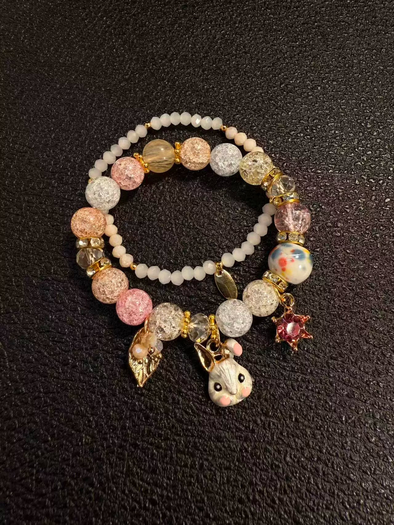 Pink Rabbit Double-Layer Beaded Bracelet