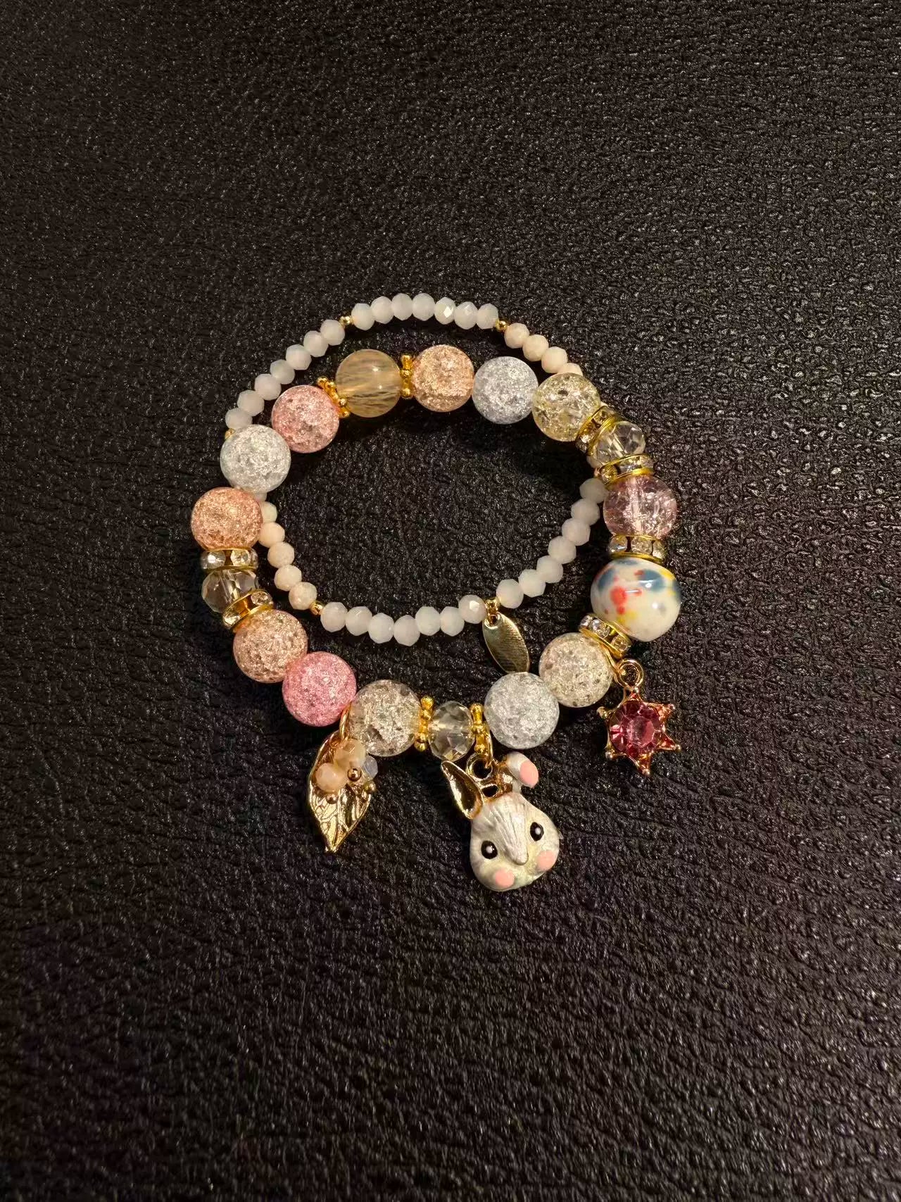 Pink Rabbit Double-Layer Beaded Bracelet