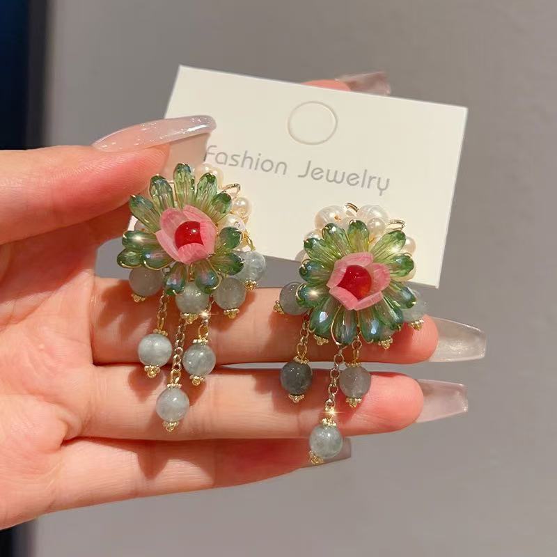 2024 New Vintage Floral Long Tassel Earrings, Face-Slimming Elegant Dangles