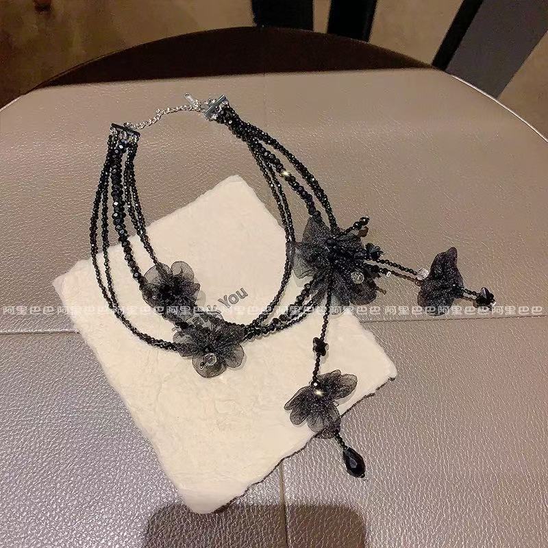 Multi-layer Tassel Clavicle Chain, Transparent Petal Sparkling Beaded Necklace