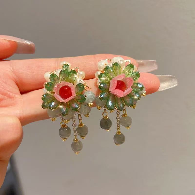 2024 New Vintage Floral Long Tassel Earrings, Face-Slimming Elegant Dangles