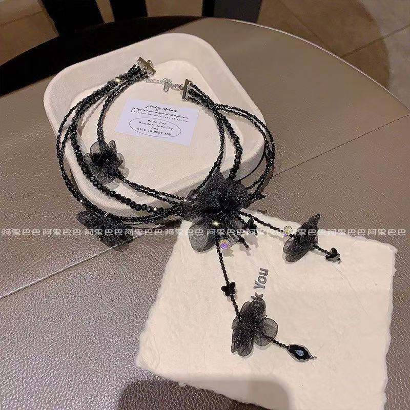 Multi-layer Tassel Clavicle Chain, Transparent Petal Sparkling Beaded Necklace